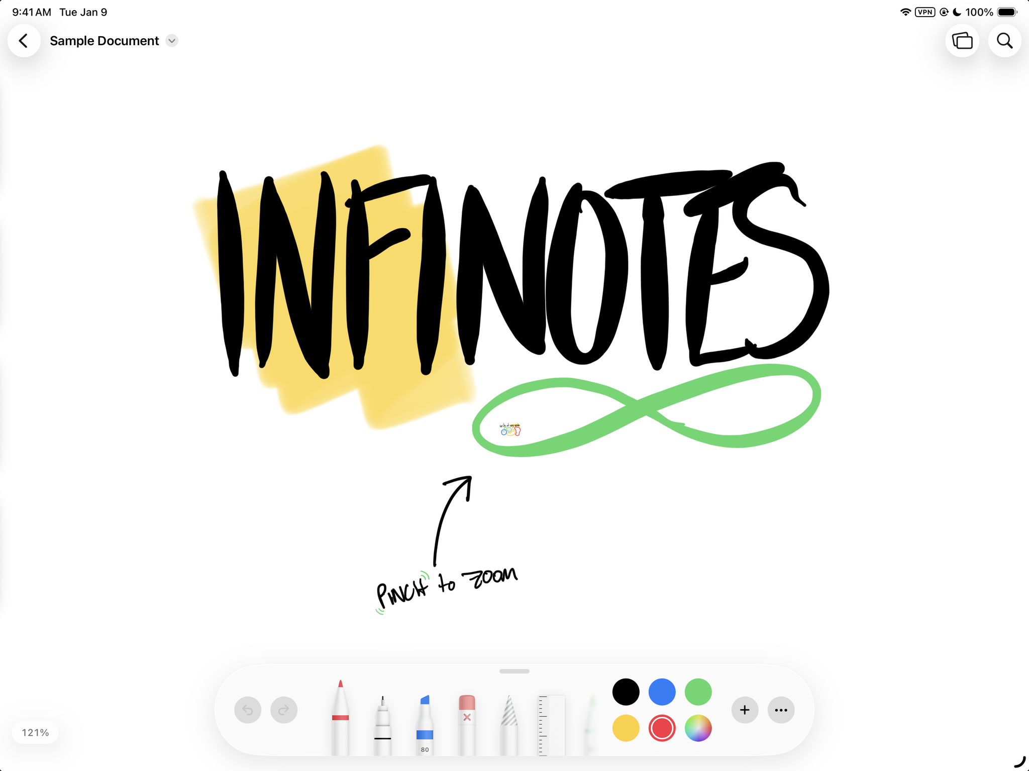 The Infinotes canvas on iPad, with a hand-drawn Infinotes wordmark and the tool picker