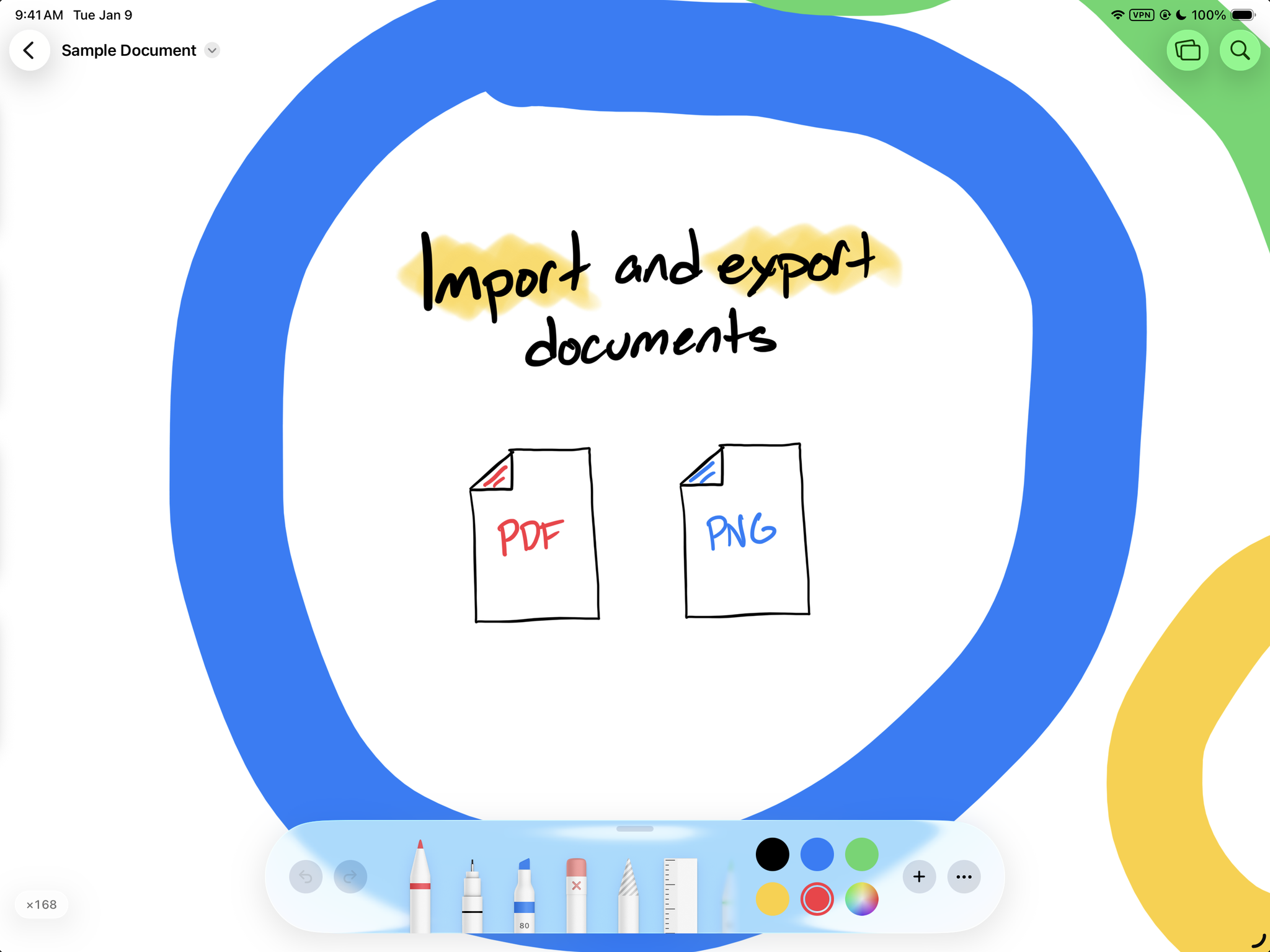 A hand-drawn diagram in Infinotes showing PDF and PNG import and export
